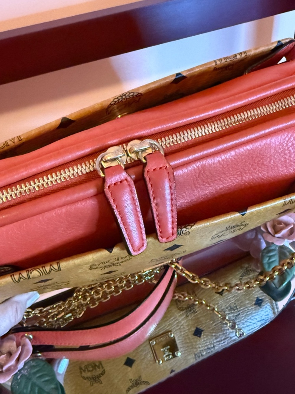 MCM Tan Visetos Monogram Crossbody with Coral Trim - Picture 4 of 14
